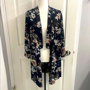 Tahari Floral Black Kimono Swim Coverup Bohemian Floral Duster Size SM